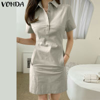 VONDA ชุดเดรสลำลองผู้หญิง H Pocket Shirt Solid Simple Short Dress (สาเหตุเกาหลี)