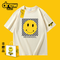 Drew Doll แบรนด์ร่วม2023หน้ายิ้มผ้าฝ้ายพิมพ์ลายแบรนด์แฟชั่นเสื้อยืดแขนสั้นผู้ชายและผู้หญิงเสื้อยืดผู้ชาย