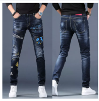 GanGdun【READY STOCK】Embroidery European Fashion Men Jeans stretch Denim Pants Man Slim Jeans Letter Print Moto &amp; Biker Casual skinny Jeans blue