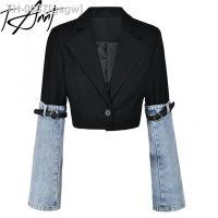 ❒ gsgw Blazer jeans com retalhos femininos jaqueta curta chique e elegante moda combinando cores casacos de terno vintage 2023