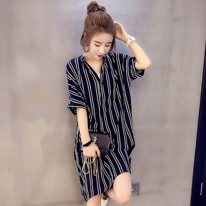 women-v-neck-loose-plus-size-short-sleeved-stripe-shirt-dress