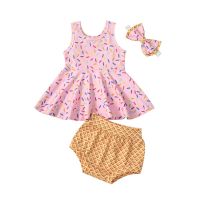 Baby Girls Summer Outfit Colorful Donut Print Sleeveless Tank Tops Dress Elastic Waist Shorts Headband 3Pcs Clothes Set  by Hs2023