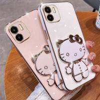 เคสโทรศัพท์กระจกแต่งหน้าพับได้สำหรับ Xiaomi POCO C50 Redmi A1 2022 A1 Plus A1 + แมวการ์ตูนน่ารักขายึดอเนกประสงค์ TPU เคสด้านหลังเนื้อนิ่มไฟฟ้า