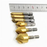 6ชิ้นชุดบิตเจาะซิงค์เคาน์เตอร์1/4 Hss ก้านหกเหลี่ยม5ขลุ่ย Countersink 90องศาคัตเตอร์ขูดไม้ลบมุม6มม.-19มม.