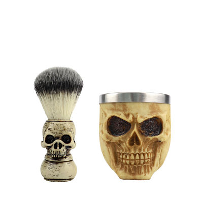 Fiber resin handle beard shaving brush personality skull beard brush set, stainless steel bubbling bowl mens shaving set gift