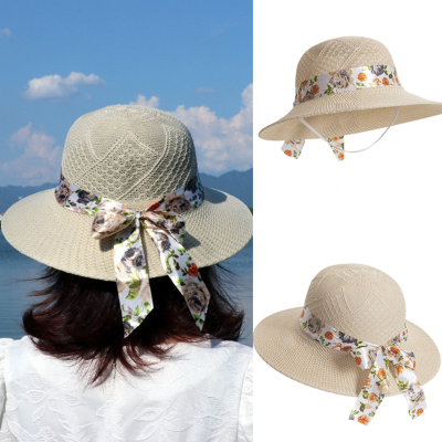 [Lady Sugar] ขอบใหญ่ถักการป้องกัน UV ในช่วงฤดูร้อนสำหรับชายหาด,หมวกบังแดดผูกโบว์ริบบิ้นแฟชั่นกลางแจ้งหมวกชาวประมงฟางเหมือน Lafite