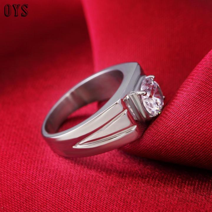 แหวนแต่งงานแฟชั่นผู้ชายแบบเรียบง่ายแหวนเพชรลูกบาศก์โลหะไทเทเนียมเซอร์คอน