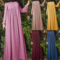 Arab Middle Eastern Dress Solid Color Single-Breasted High Waist Loose Womens Long Dress