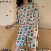 ∈☫✇ Pajama Sets Women Basic Cozy 2XL Watermelon Pattern Printing Kawaii Ulzzang Cute Girls Sleepwear Comfortable Soft Trendy Chic