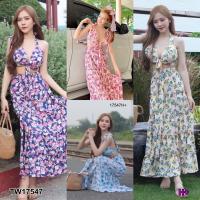 SS17547 Set 2 ชิ้น เสื้อสายผูกไหล่ ผูกโบว์หน้า + กระโปรงยาว ลายดอกไม้ Shoulder strap blouse + front bow + long skirt