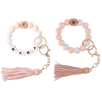2 Pieces Beaded Wristlet for Women Round Key Chain Bracelet with Leather Tassel Gifts