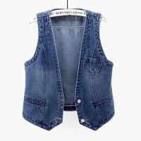 HOT14★2023ใหม่แฟชั่น Denim Vest หญิงฤดูใบไม้ผลิฤดูใบไม้ร่วงแขนกุดป่าเสื้อแจ็คเก็ตสั้นผู้หญิง Plus ขนาด5XL Jean เสื้อกั๊ก