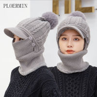 New Winter Hats For Women Scarf Mask 2in1 Wool Knitted Hat Girl Pompoms Ski Cap Warm Add Fur Lined Protective Cycling Hat