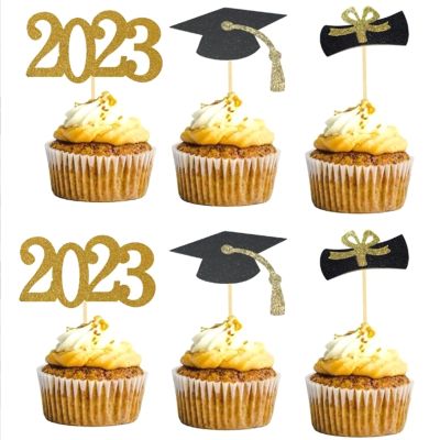 48PCS 2023 Graduation Decorations Graduation Cake Topper 2023 Food Decor/Graduation Grad Cap Party/Mini Cake Decor Insert