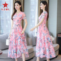 SZWL Women Dress Chiffon Short-sleeved V-neck Floral Printed Skirt Plus Size Waist-slimming Dress