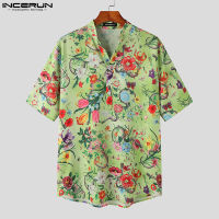 Medussa INCERUN เสื้อยืดลายดอกไม้ของผู้ชายเสื้อปกกระดุมเสื้อ Baju Atasan Pantai วันหยุด (เสื้อผ้าลำลอง) #3