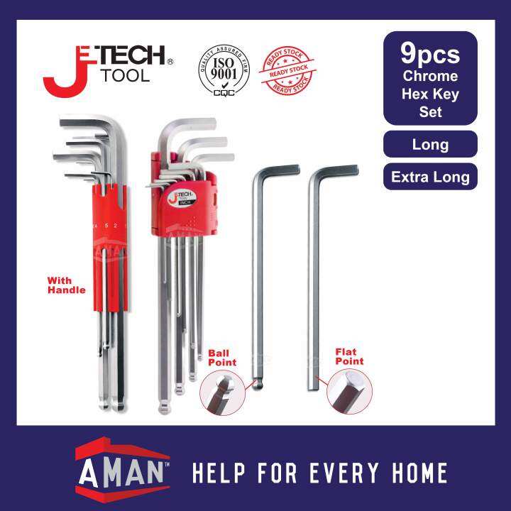 JETECH 9pcs Allen Key Set Ball Point Flat Point Chrome CrV Hex Key Hex