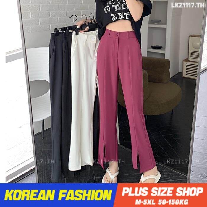 plus-size-เสื้อผ้าสาวอวบ-กางเกงขายาวสาวอวบ-ผู้หญิง-ไซส์ใหญ่-เอวสูง-กางเกงสูท-ขาตรง-9ส่วน-ทรงหลวม-แยก-สไตล์เกาหลีแฟชั่น-คนอ้วนใส่ได้