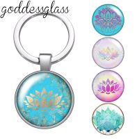 Flower of Life Yoga Lotus Henna Mandala Hand of Fatima Photo 25mm glass cabochon keychain Bag Car key chain Ring Holder Charms