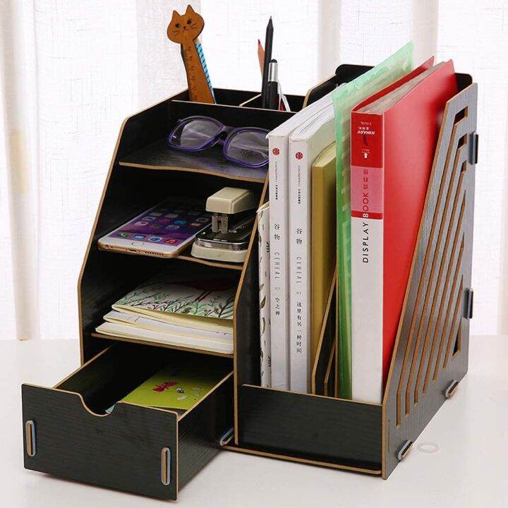 Wooden Desktop File Storage Organizer for Office Dormitory with 3 Tier Shelf and 1 Drawer