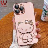 แฟชั่น VWTEROKAI 3D น่ารักแฟชั่นเฮลโลคิตตี้ที่ใส่ขาตั้งกระจกเครื่องสำอางเคสสำหรับ Apple Iphone โทรศัพท์11 Pro Max Iphone 12 Pro Max Iphone 13 Pro Max Iphone 14 Pro Max ชุบทองเรียบฝาครอบหลังซิลิโคน