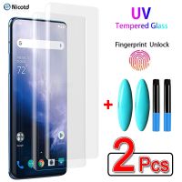 Atari 2Pcs UV Liquid กาวกระจกนิรภัยสำหรับ Oneplus 7 7T Pro Premium UV Liquid Screen Protector สำหรับ One Plus 9 8 10 Pro กระจกโค้ง