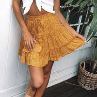 CJWSLYT Dress Floral Print Boho Beach Skirt Women Summer High Waist Ruffled High Waist Ruffle Frills Short Skirt Pleated Ladies Skirts Female (Color : Yellow, Size : XX-Large)