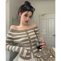 A Word Shoulder Stripe Knitting Cardigan Coat Female Early Autumn New Long-Sleeved Top Inside Take Short Sweet Chilli Sauce