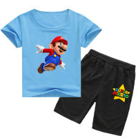 Super Mario Bros เสื้อยืดถักลายการ์ตูน/อนิเมะแขนลำลองขาสั้นผ้าฝ้ายพิมพ์ลายชุดสั้น0000เด็ก