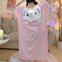 Sanrio Cinnamoroll Hello Kitty มีฮู้ดผู้หญิง Onesies ชุดนอนหลวมชุดนอนแบบสบายๆฤดูร้อน Baggy ขนาดใหญ่