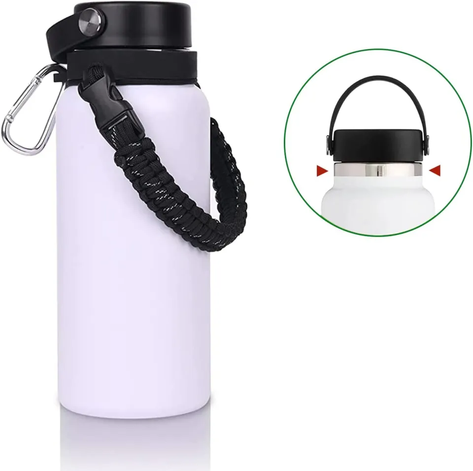 QeeCord 2.0 Paracord Handle for Hydroflask 2.0 Wide & Standard Mouth Water  Bottles Strap Carrier with New Safety Ring Holder, 12oz - 64oz
