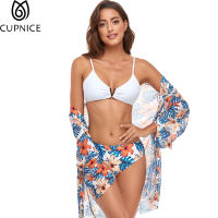 3 Pack Print Bikini Swimsuit With Shirt Cover Up Sets Women Three Pieces V-shaped Slits Lace Up Mid-waist Beach Swimwear