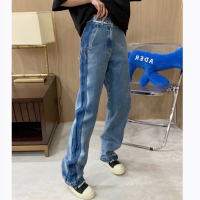 【CW】High-quality ADER Pants Contrast Color Stitching Washed Distressed High Waist Straight Jeans Mens and Womens Couples Trousers