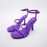 2023 ZARAˉSummer New Purple Quilted insole High Heels Slim Heel Square Headed Straight Back Sandals