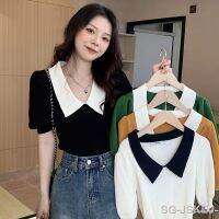 【CW】❀  MEXZT Knitted Pullover T Shirt Patchwork Puff Short Sleeve Office Pan Collar Tees