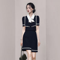 Navy Style Women 2 Pieces Set 2021 Summer Ladies Double-Breasted Suit Bow Collar Crop Top+Pocket High Waist Wide Leg Shorts Suit