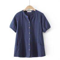 HOT”【มีไซส์ใหญ่】Plus Size V-neck Full Cotton Summer Tops Women Short Sleeve Button Up A-line Blouses Oversized Simple Blusas