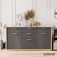 RINA HEY KAIZER/150 ตู้ ตู้อเนกประสงค์ ตู้ทรงเตี้ย ตู้ลิ้นชัก ตู้เก็บของ Low cabinet W150 x D40 x H80 cm – สี น้ำตาลอ่อน/เทา