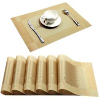 6/4pcs GOLD Placemat ล้างทำความสะอาดได้ PVC ชุดโต๊ะรับประทานอาหารสานเสื่อเส้นทแยงมุมกรอบ Teslin ผ้าแผ่นชาม Coaster non-SLIP Pad-Faewer