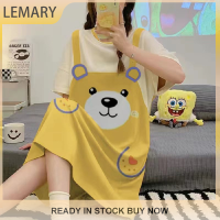 Lemary ชุดนอนเสื้อใส่อยู่บ้านยาวปานกลางสำหรับผู้หญิง,แขนสั้นแบบหลวมการ์ตูนปลอมสองยาวปานกลาง