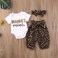 0-18M Newborn Infant Baby Girl Summer 3Pcs Clothing Set Short Sleeve Print Letter Romper Top Leopard Long Pant Headband Set  by Hs2023