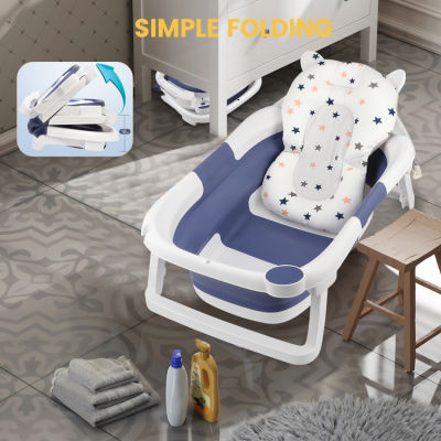 Baby Bathtub, Foldable Kids’, Newborn Babies’ Plastic Bathtub with Non-Slip Legs, for Bathing Toddlers, Blue and White