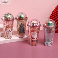 YEUFUNY with Sequined Christmas Micro Landscape Cup Straw Hole Plastic Straw Cup Drinkware 500ml Mug Christmas Gift