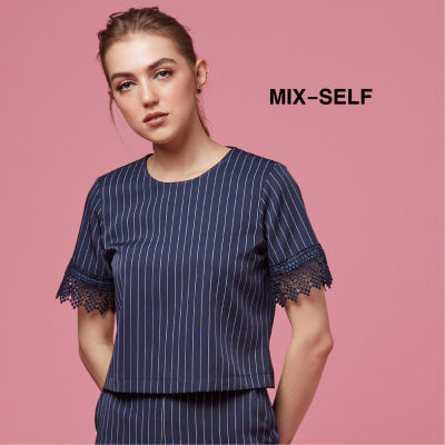 MIX-SELF เสื้อครอปลายทาง รุ่น FB88623 - สีน้ำเงินนาวี