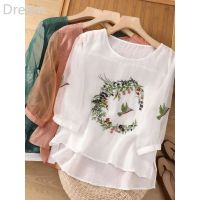 Embroidered thin loose slimming T-shirt womens summer thin breathable casual aging imitation cotton and linen pullover shirt top V729