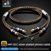 สาย2RCA สัญญาณเสียง ATAUDIO พร้อมสายดิน7N แผ่นเกราะสีเงิน OCC LP ไวนิลปลั๊กชุบทองแชสซีของเครื่องขยายเสียงเครื่องเล่นบันทึก