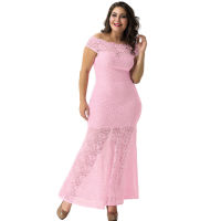 Short Sleeve Long Dresses Womens Cocktail Party Sexy Off Shoulder Bardot Lace Evening Gown Plus Size Fishtail Maxi Dress V1073