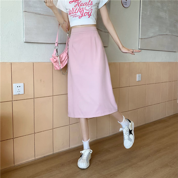 rok-high-waist-ความยาวปานกลางผู้หญิงลำลองสีทึบสไตล์เกาหลีเรียบง่ายใหม่ฤดูร้อนของ-hilady