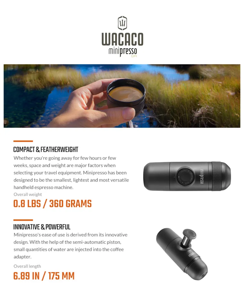 Wacaco Minipresso GR, Portable Espresso Machine, Compatible Ground Coffee,  Hand Coffee Make, Travel Gadgets, Manually Operated, Perfect for Camping