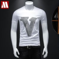 New Mens Shinning V Logo Hot Drilling T-Shirt Male Cotton Short Sleeve Rhinestone Eagle T Shirt Top Tee Fashion 3D Crane Tshirt